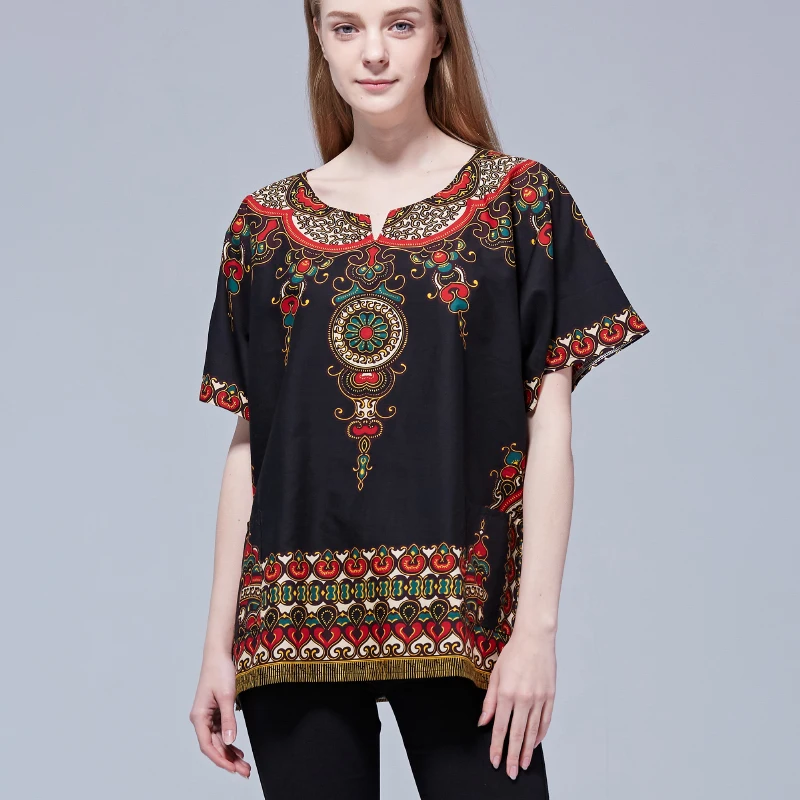 Хип хоп Boho Топы унисекс черный этнический винтажный африканская Дашики с принтом