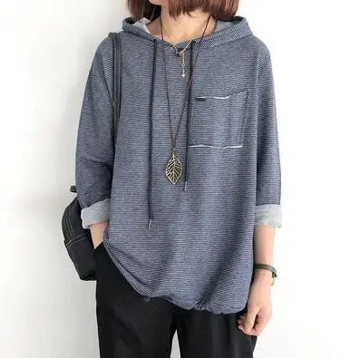 Autumn Casual Women Stripe Shirt Cotton Hooded Long Sleeve Spring Thin Pockets Loose Female Fashion Blouse YoYiKamomo - Цвет: Синий