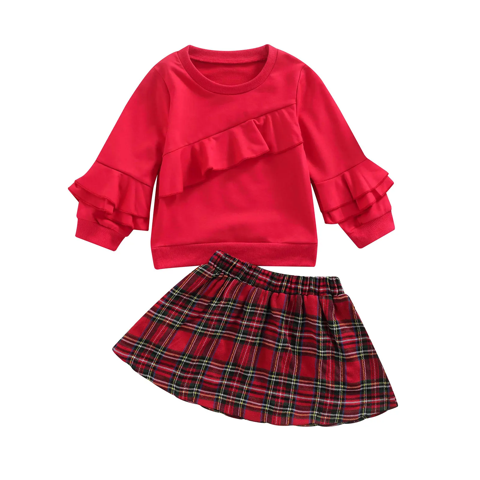 

Girls' Outfits Two Pieces Suit Outfit Sets Fashion Solid Color Ruffle Long Sleeve Tops and Plaid Short Skirt