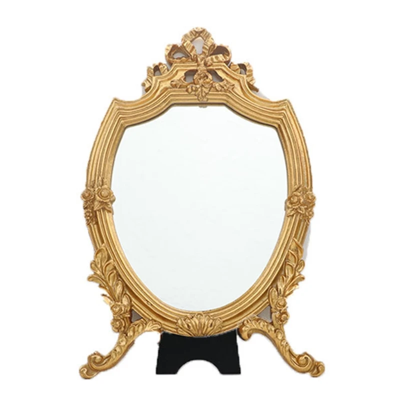 

Antique Decorative Makeup Mirror Vintage Carved Cosmetic Mirror with Golden Frame European Dressing Mirror for Bathroom Bedroom