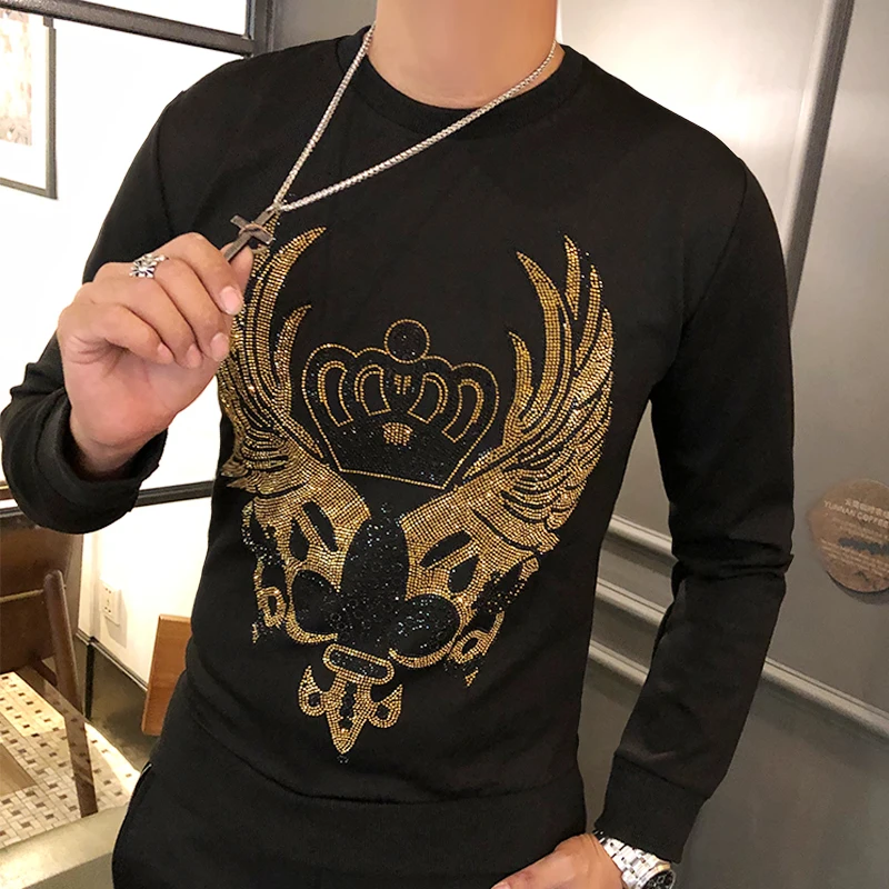 

100%real luxury mens black rhinestone wing long sleeve T shirt with pants/leisure tracksuit/Asia size