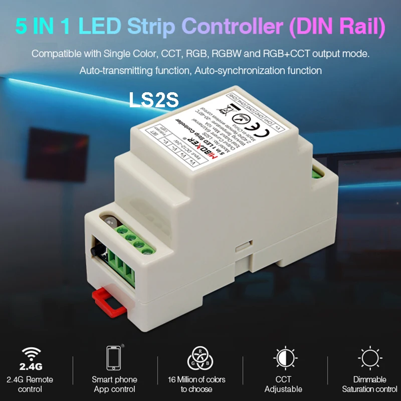 

Miboxer DC12V~24V LS2S DIN Rail 5 IN 1 LED Strip Controller Single color/CCT/RGB/RGBW/RGB CCT LED Lamp Tape Lighting dimmer