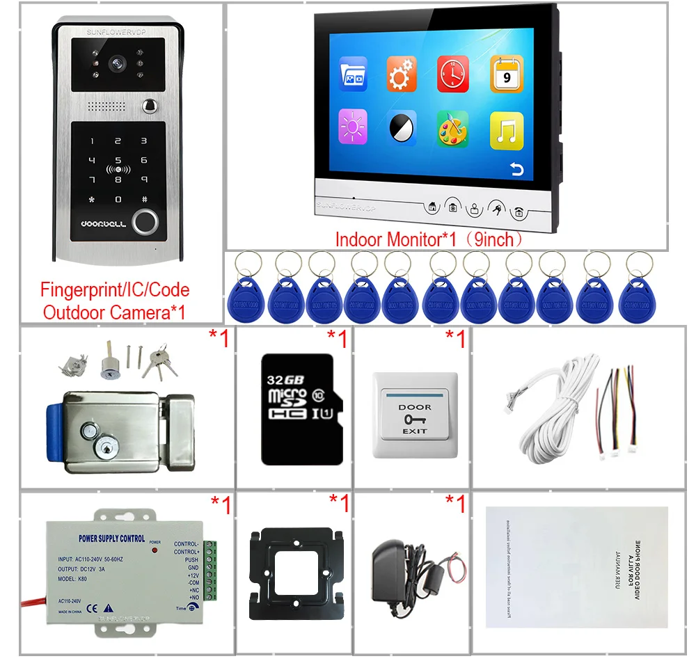 Apartment Fingerprint Video Intercom 32GB 9 inch With Recording for Home Electronic Door Lock | Безопасность и защита