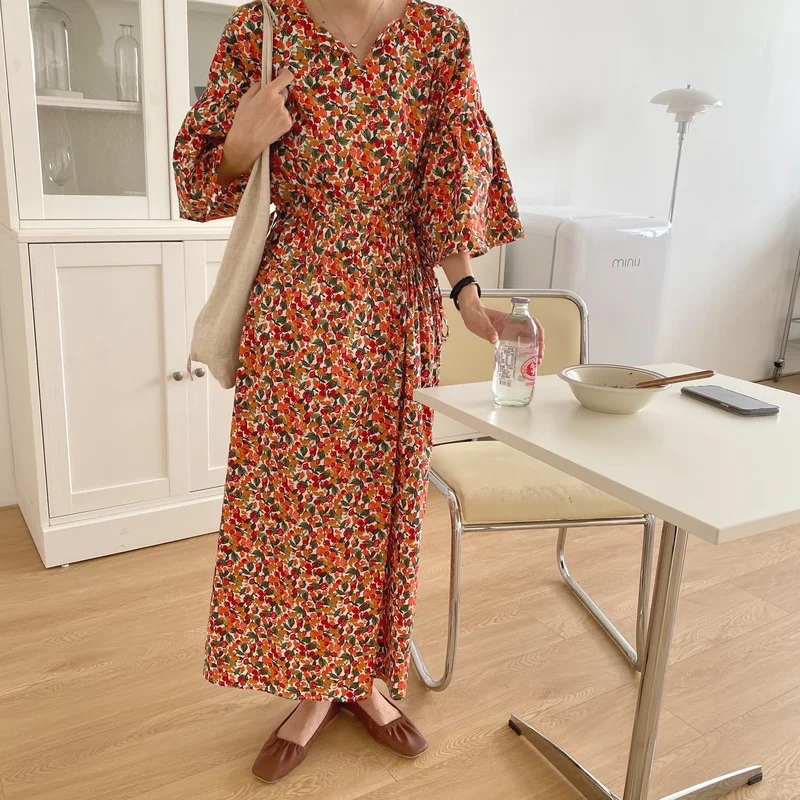 

ZAWAHIKI Korean Loose Casual Women's Dress V-Neck Flare Sleeve Draw String Slim Waist Dress Print Mid-Calf Vestidos