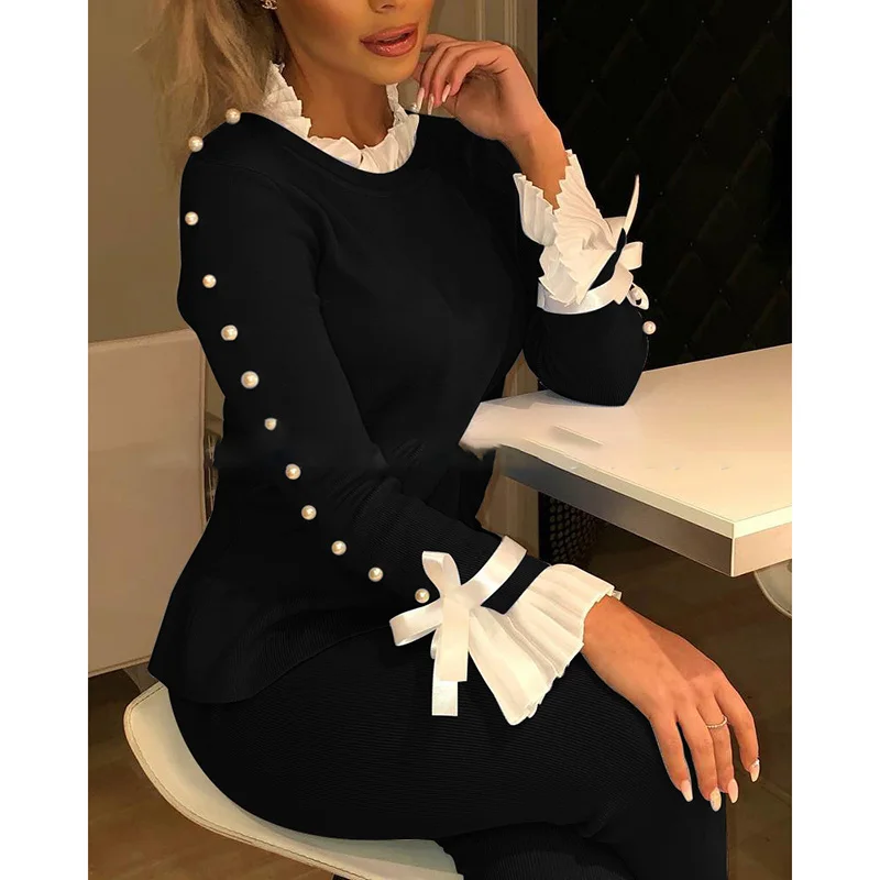 

Shirts Bowknot Buttoned Cuff Slim Blouse Autumn Long Sleeve Women Tops Casual Elegant Knit Wild Office Splicing Blouses 2020
