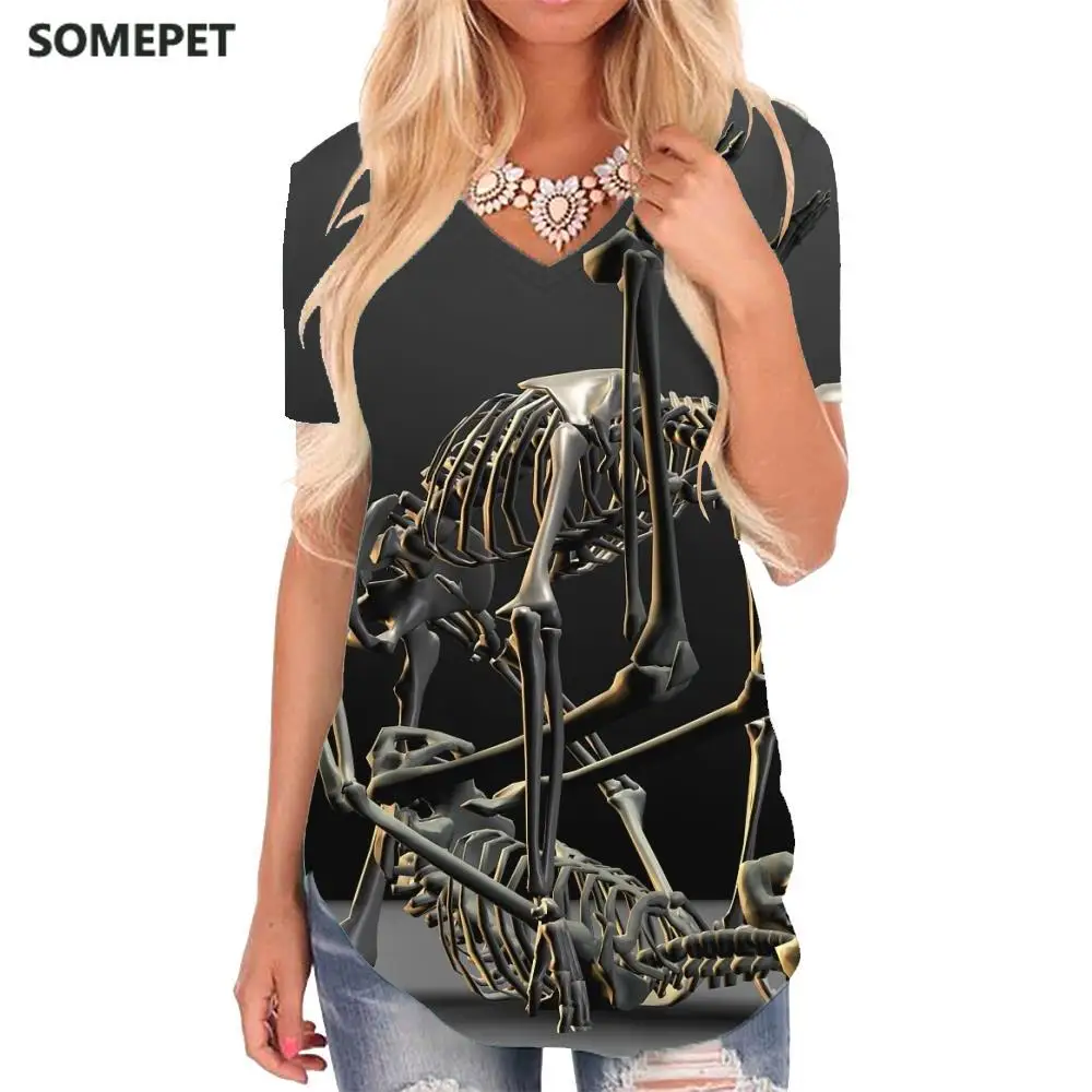 

SOMEPET Skull T-shirt women Skeleton Funny T shirts Rock V-neck Tshirt Hip Hop Shirt Print Womens Clothing Punk Rock Cool