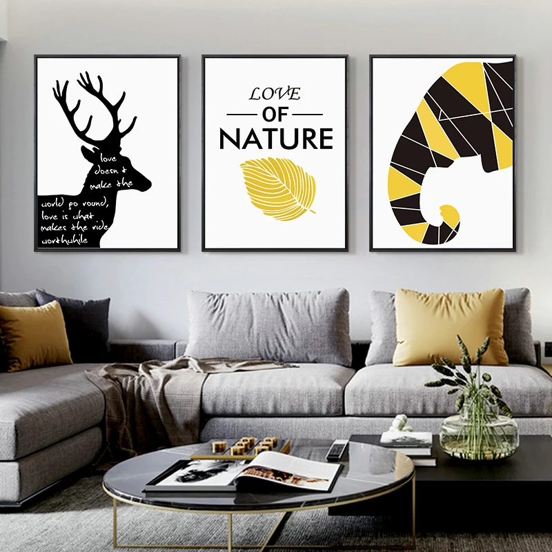 

Abstract Yellow Leaves Animals Silhouette Geometric Black Color Block Canvas Painting Wall Picture Poster Living Room Decoration
