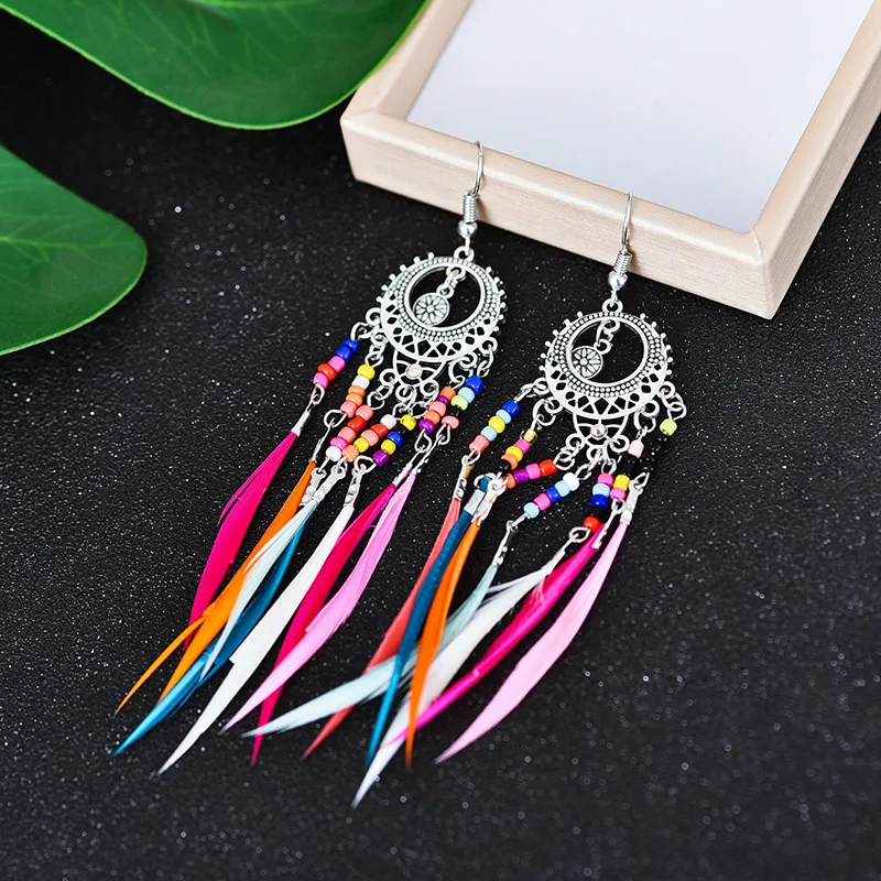 

Long Feather Drop Earrings For Women Blue Long Feather Drop Earrings Beach Chain Tassel Wedding Bridal Jewelry 2021