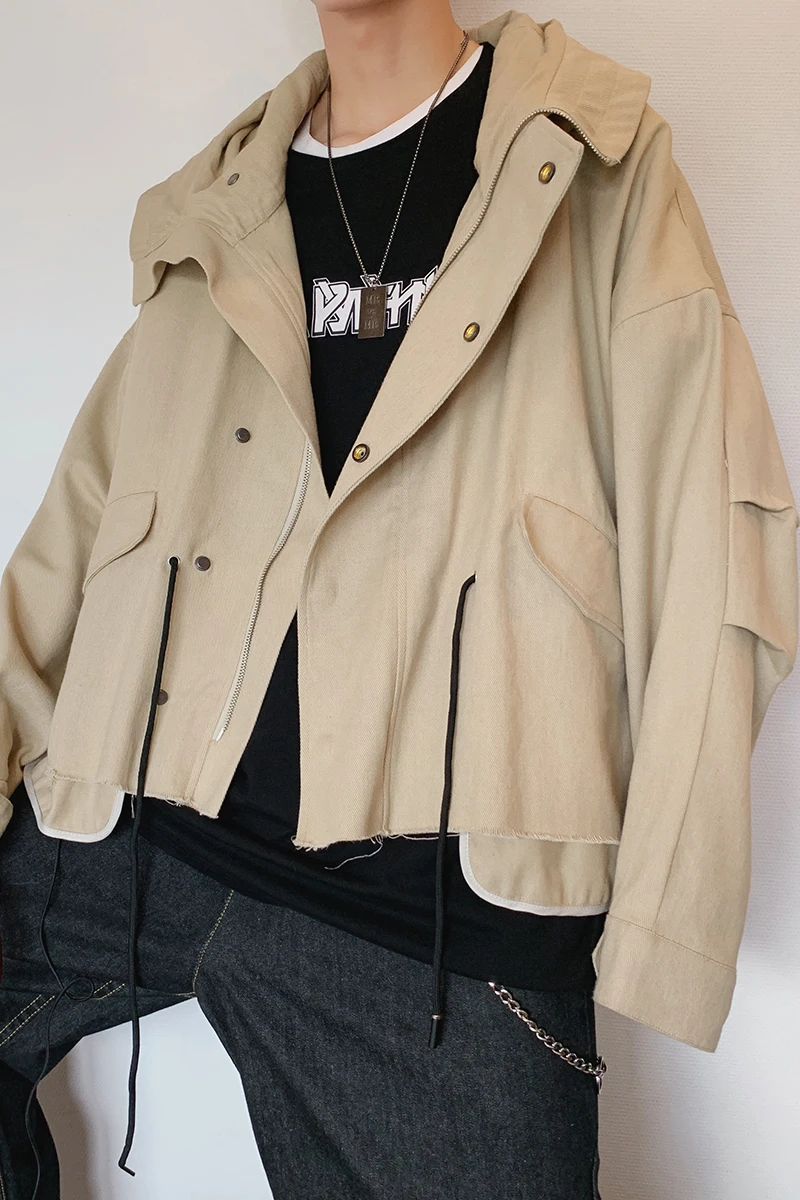 

2020 Spring And Autumn New Men's Hooded Loose Jacket Fashion Casual Drop Shoulder Sleeve Solid Top Khaki / Black M-2XL