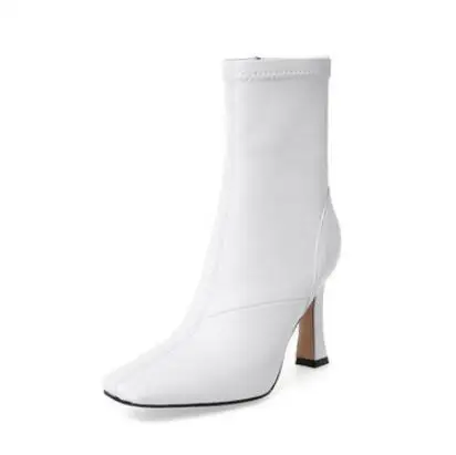 white KALMALL Kendall Jenner/стильные ботильоны; женские короткие ботинки с квадратным носком; ботинки на молнии на каблуке «рюмочка»; сезон осень-зима - Цвет: white