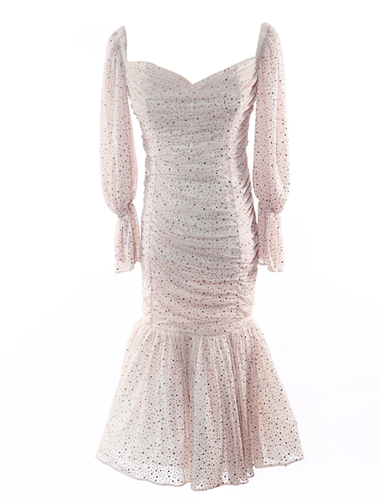 Женское плиссированное платье с квадратным вырезом весна-лето стразы бесплатная