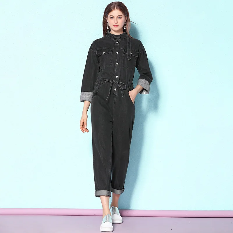 

Early autumn and spring contrast color age reduction urban leisure high waist easy to wear and take off denim jumpsuit NW19C6369