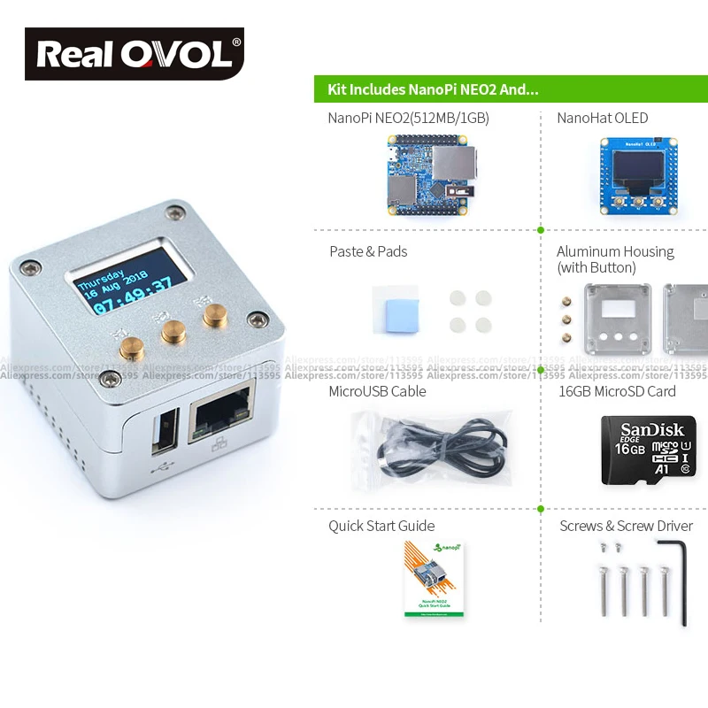RealQvol FriendlyARM NanoPi NEO/NEO2 металлический полный комплект алюминиевый корпус oled программируемый на питоне
