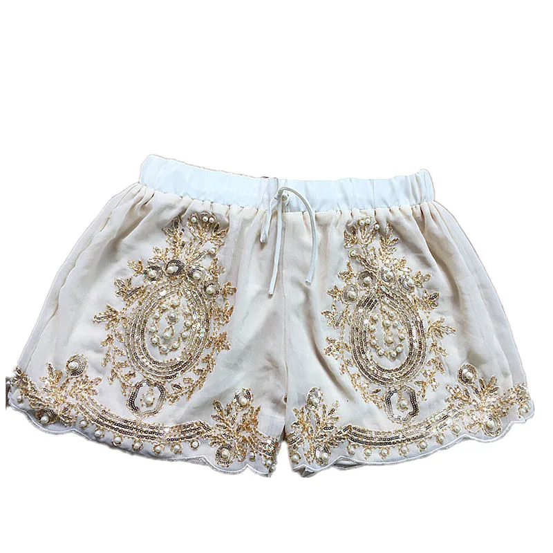 

Sidaimi Women Summer Chiffon Shorts Floral Beading Wide Leg Shorts Sequined Bling Vocation Shorts Capris Female