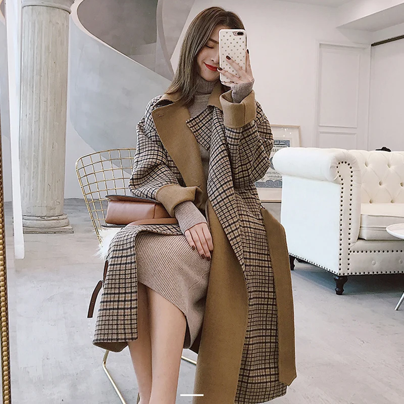Женское шерстяное пальто в клетку длинное теплое элегантное Корейском стиле