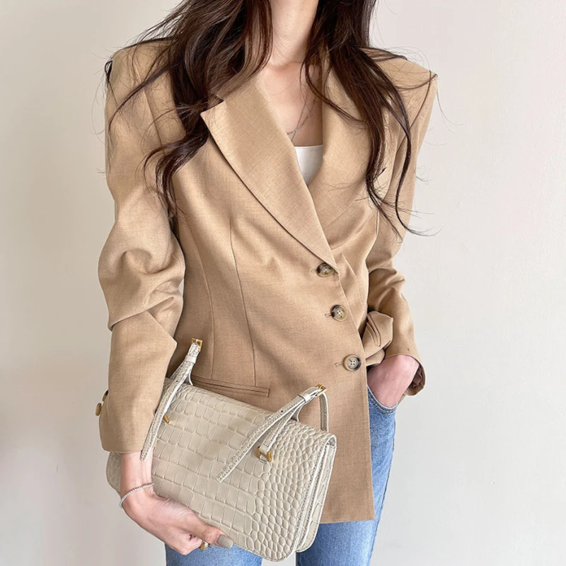 

Korean chic autumn French all-match lapel three-button design solid color cardigan long-sleeved suit jacket women