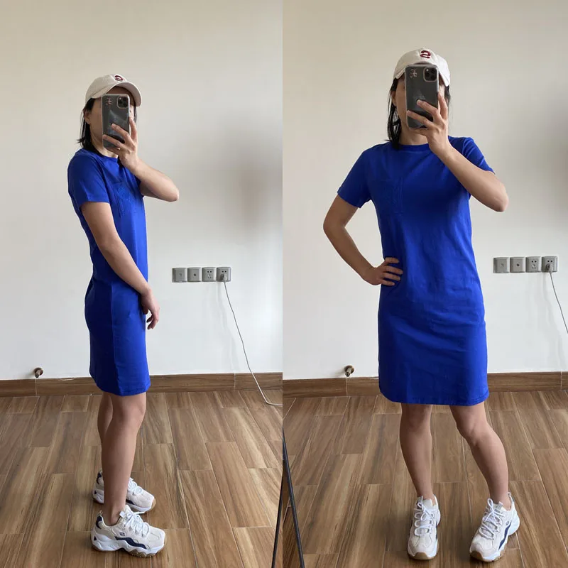 

Spring / Summer New Slim Fit Embroidery Pocket Long Versatile Round Nneck Ccotton Short Sleeve Women's T-shirt Dress