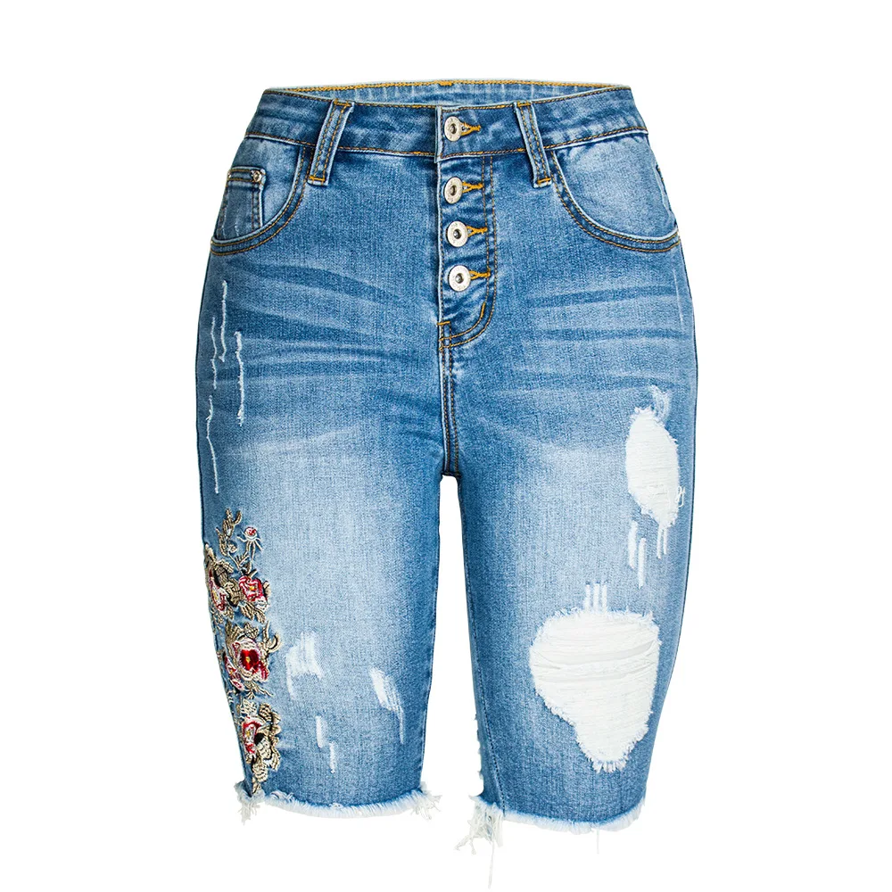 

middle high waist multi button door washing jeans three dimensional embroidery slim stretch jeans women's Capris