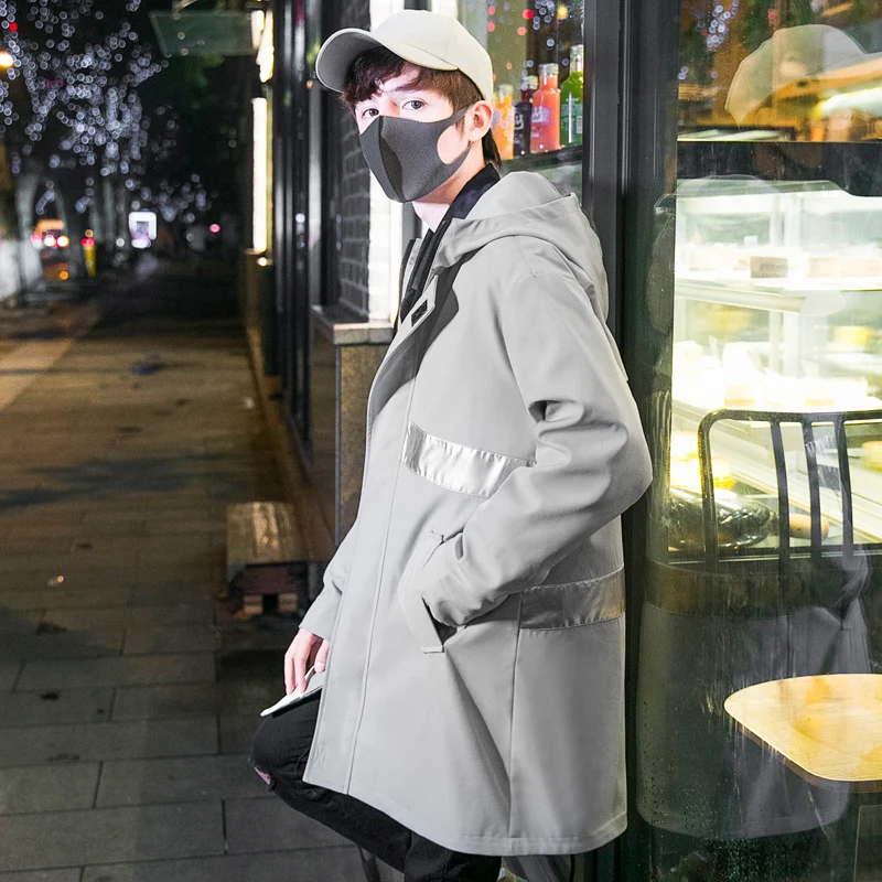 Тренчкот мужской длинный с капюшоном модная ветровка свободного покроя в стиле