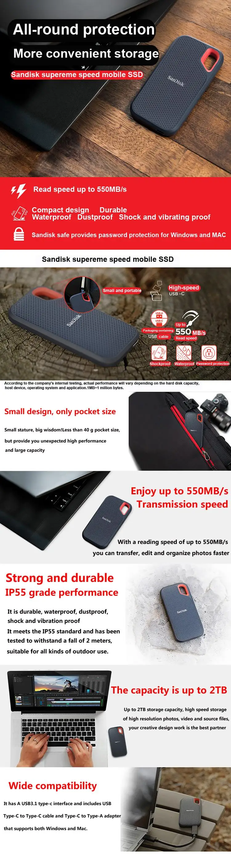 Двойной Флеш-накопитель SanDisk Extreme Портативный внешний жесткий диск USB 3,1 HD твердотельный жесткий диск 1 ТБ 2 ТБ диск высокой Скорость читать 550 м/с