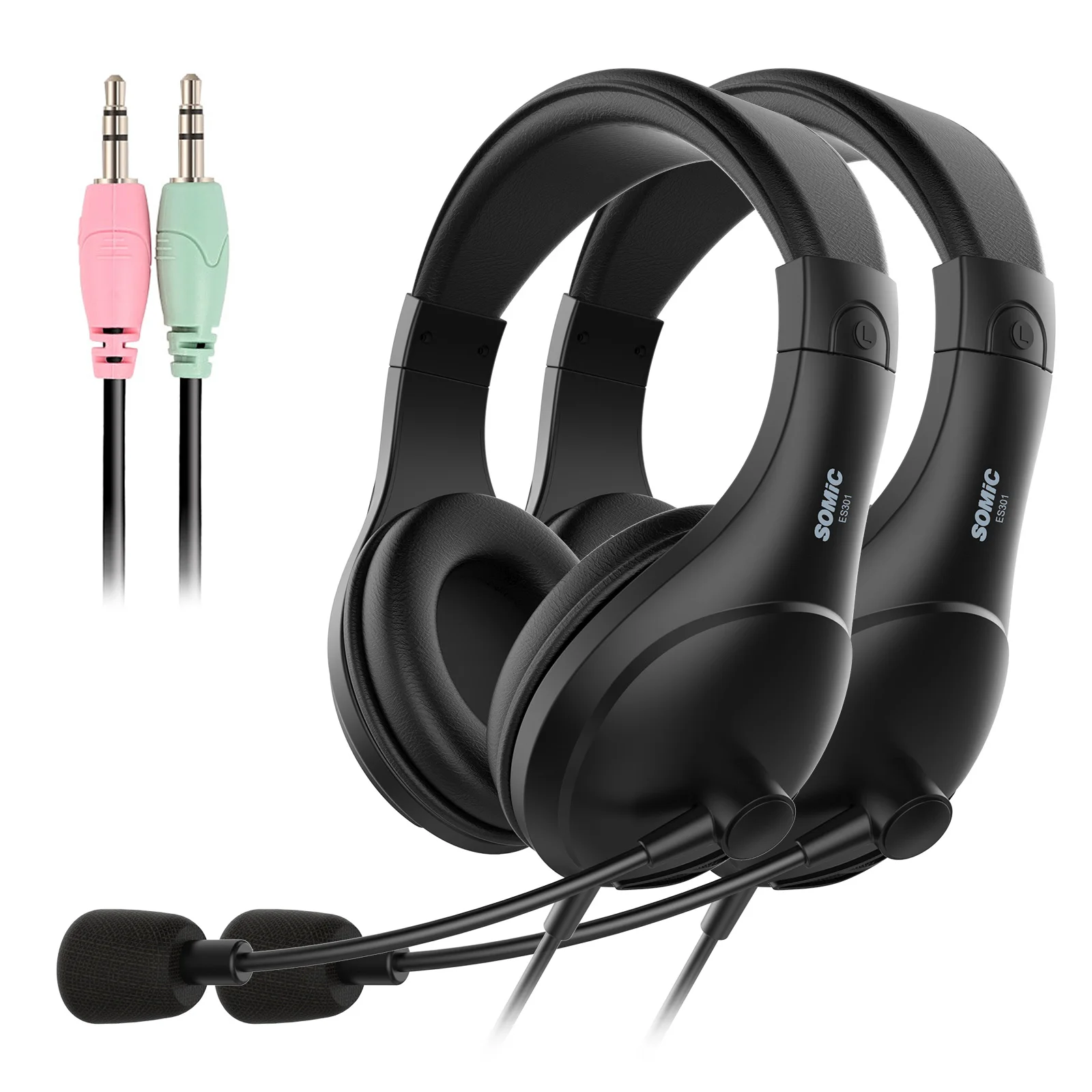 

SOMIC 2 PACK 3.5mm Stereo Headset with Microphone Desktop Computer Headphones Over-Ear for Work/Skype/Conference ES301