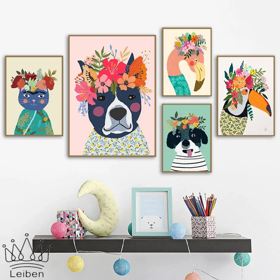 

Cartoon Animal Flamingo Dog Cat Toucan Poster Abstract Flowers Wall Art Canvas Painting Modern Minimalist Pictures Home Decor