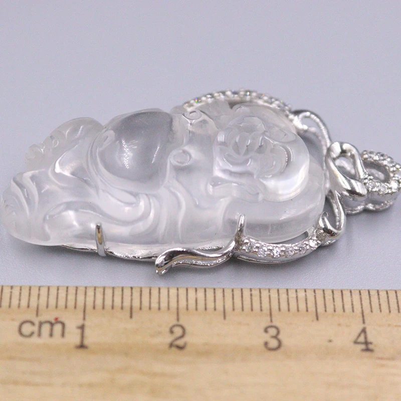 

S925 Sterling Silver Pendant Women Luck White Quartz Smile Buddha Pendant 46x24mm Best Gift
