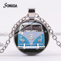 peace sign vintage van bus necklace hippy blue pink car photo 15 style glass pendant good quality kids car lovers collect