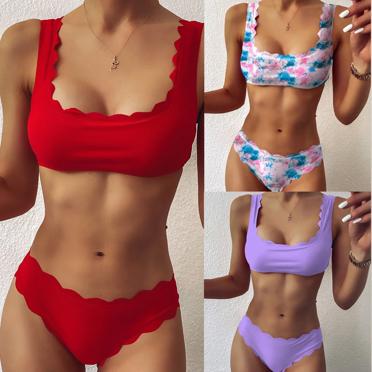 Floral Scalloped Bikini Sets Women Sexy Solid Mid-Waist Two Pieces Swimsuit 2021 Beach Bathing Suits Swimwear sexy beach bikini sets bathing suits candy colors swimsuit sexy bikini swimwear