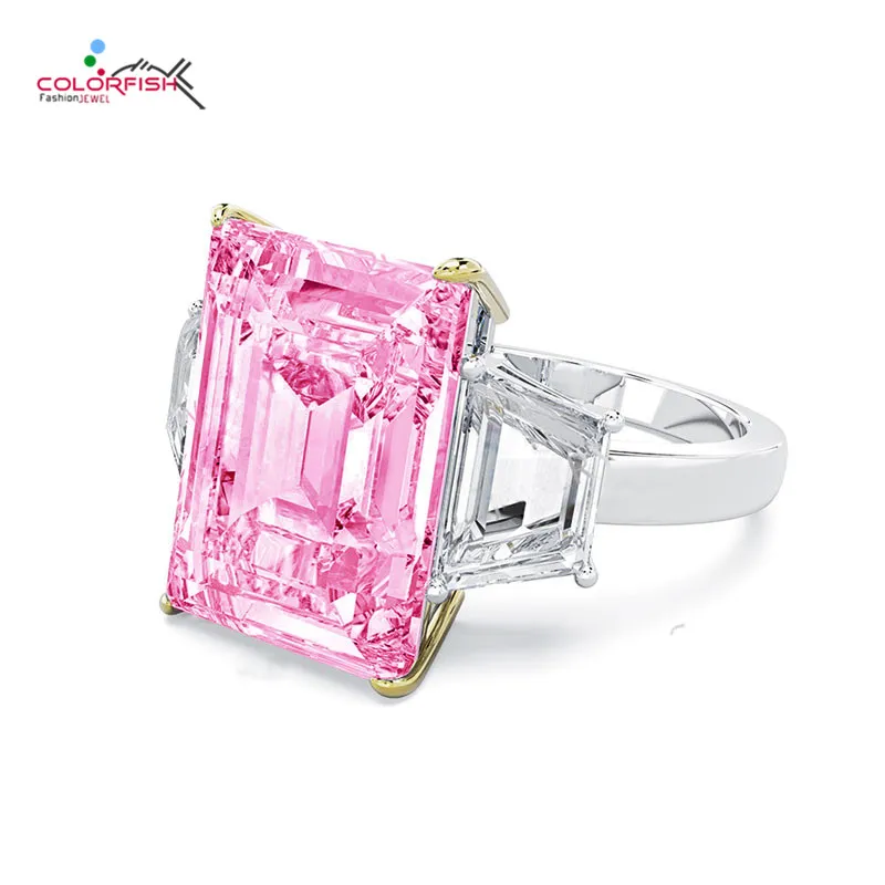 

COLORFISH Pink cz Three-Stone Engagement Ring Real 925 Sterling Silver 7 CT 10mm x 14mm Emerald Cut Rings for Women Party Gifts
