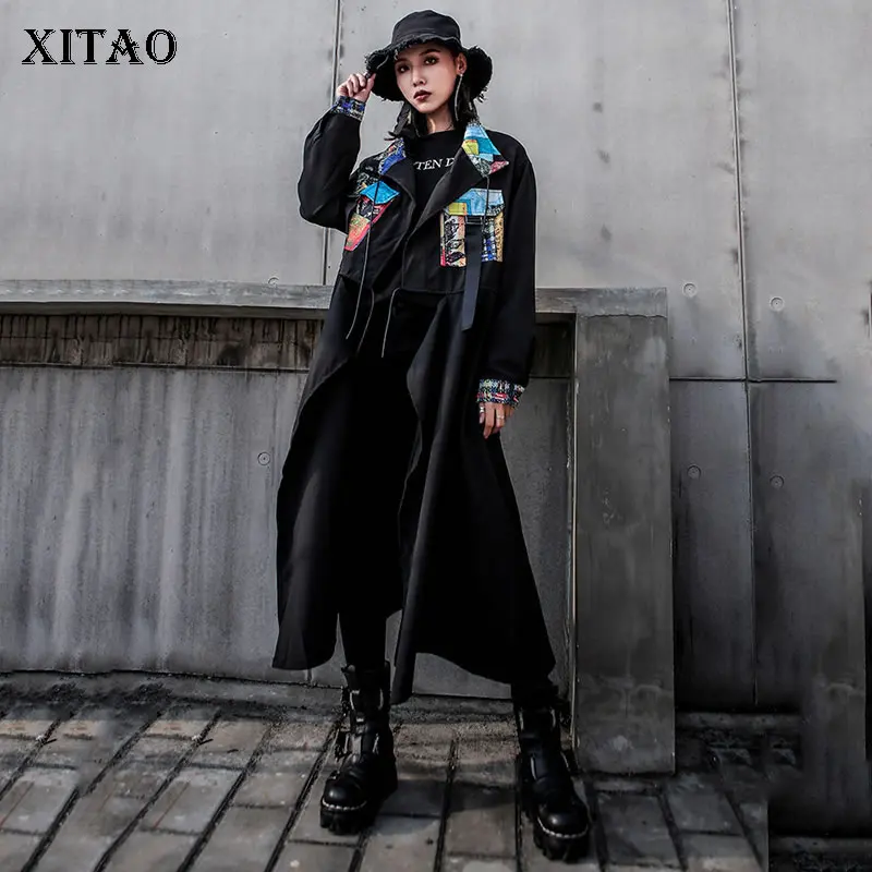 XITAO Лоскутная Печать карман длинный Тренч Женская одежда элегантная лента нерегулярное пальто Топ винтажный свободный осенний GCC1723