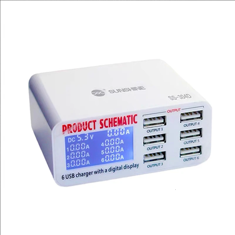 Универсальный 6 портов USB быстрое зарядное устройство SS 304D 5V 6A цифровой дисплей