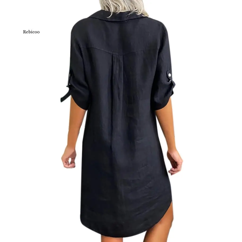 

Autumn and Winter Women Plus Size Solid Cotton Linen Turn Down Collar Loose Shirt Dress Cotton Mixed Linen Office Long T-Shirt