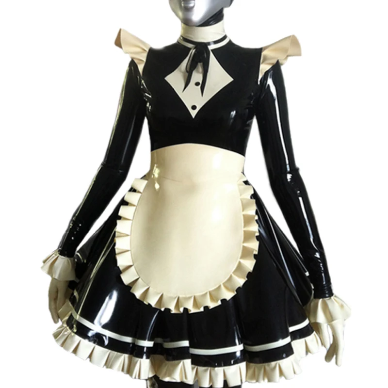

Sexy Latex French Maid Dress With Zippers Back White Apron Bows Ruffles At Sleeves Rubber Uniform Bodycon Playsuit LYQ-0226