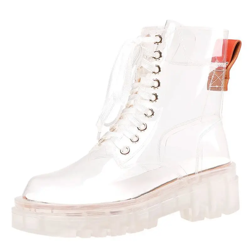 

New round head full transparent Sequin boots crystal bottom lace up boots casual thick bottom muffin women's shoes