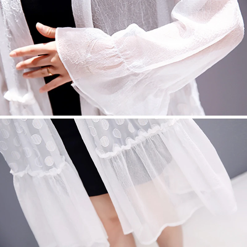 

Kimono Long Cardigan Blouse Women 2020 Summer White Black Sunscreen Flare Sleeve Chiffon Splice Dot Beach Outside The Ride Shawl