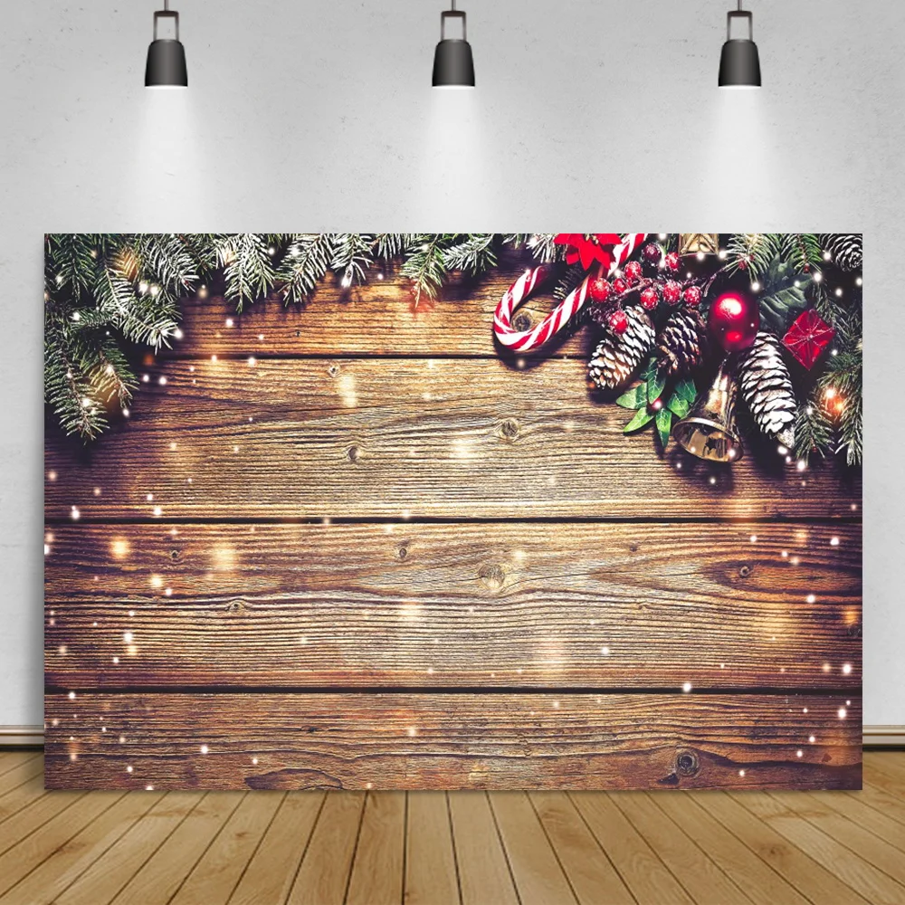 

Laeacco Old Wooden Boards Texture Christmas Bells Pine Leaves Snowflake Photographic Backdrop Child Portrait Photo Background
