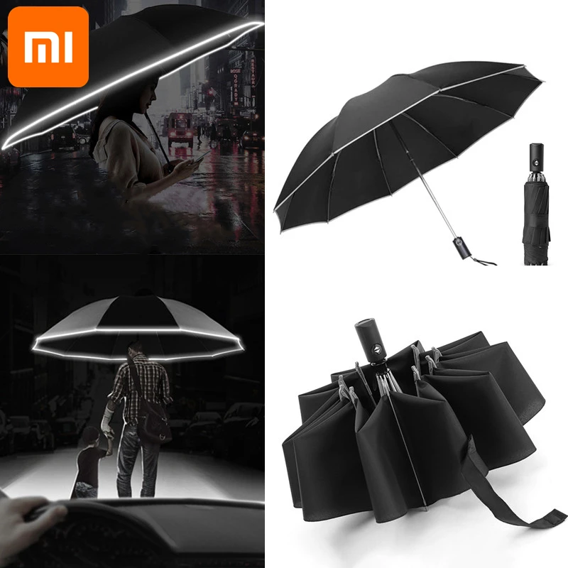 

For Xiaomi Automatic Umbrella with Reflective Stripe Reverse Led Light Umbrella Academy 10 Ribs 3-folding Inverted Umbrella