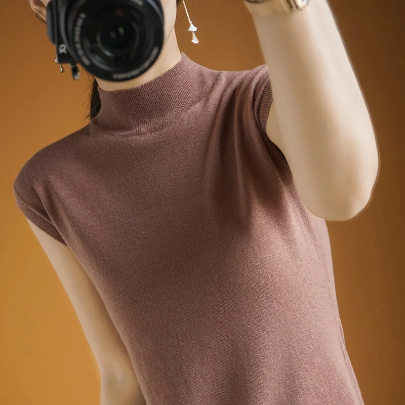 

Women Pullovers 2021 New T-shirts Tops Summer Thin Basic Jumper For Female Soft Shirt Half High Collar Sleeveless Girl Clothes