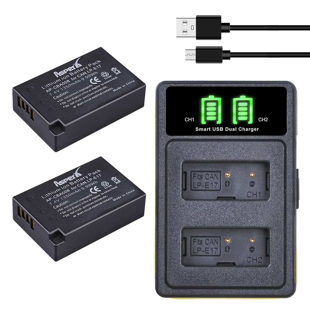 2 шт. 1350 мАч LP E17 светодиодный аккумулятор + встроенный USB двойное зарядное