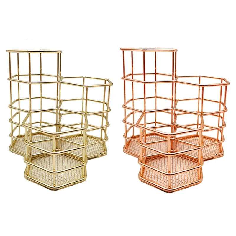 

Creative Multifunctional Nordic Golden Hexagonal Combination Wrought Iron Pen Holder Desktop Eyebrow Pencil Storage Bucket