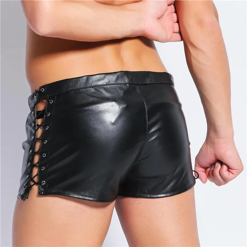 Сексуальные мужские Черные Боксеры из искусственной кожи шорты с открытым