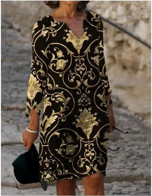 

Платье женское средней длины с рукавом до локтя, цветочный принт, с V-образным вырезом, повседневное свободное, для отпуска, лето-осень 2021