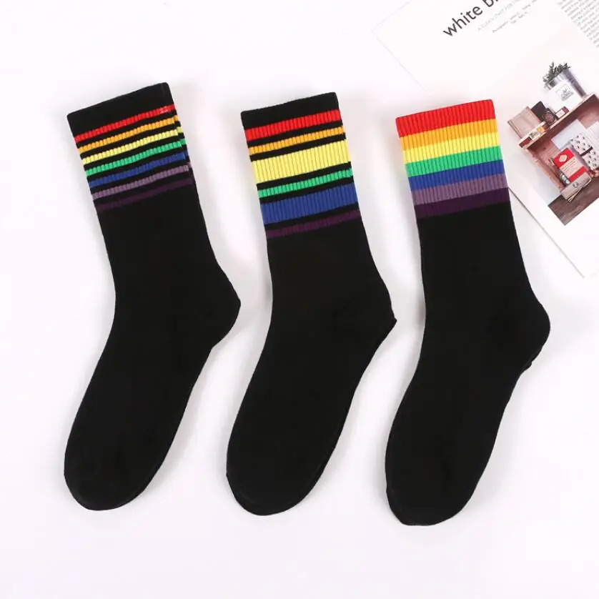 Women Solid Rainbow Cotton Ankle Socks Girls Rainbow Soft Warm Winter Crew Socks Students Black White Knee-High Socks 6pairs/lot