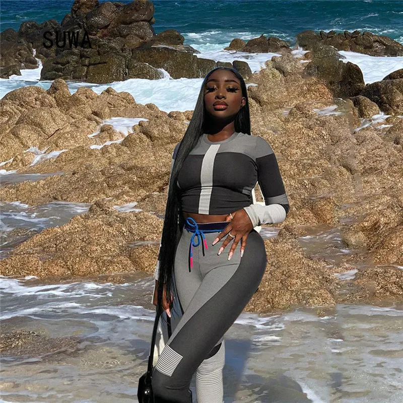 

Geometric Patchwork 2 Piece Set Fashion Streetwear Women O Neck Full Sleeve Short T-shirt And Drawstring Leggings Tracksuit