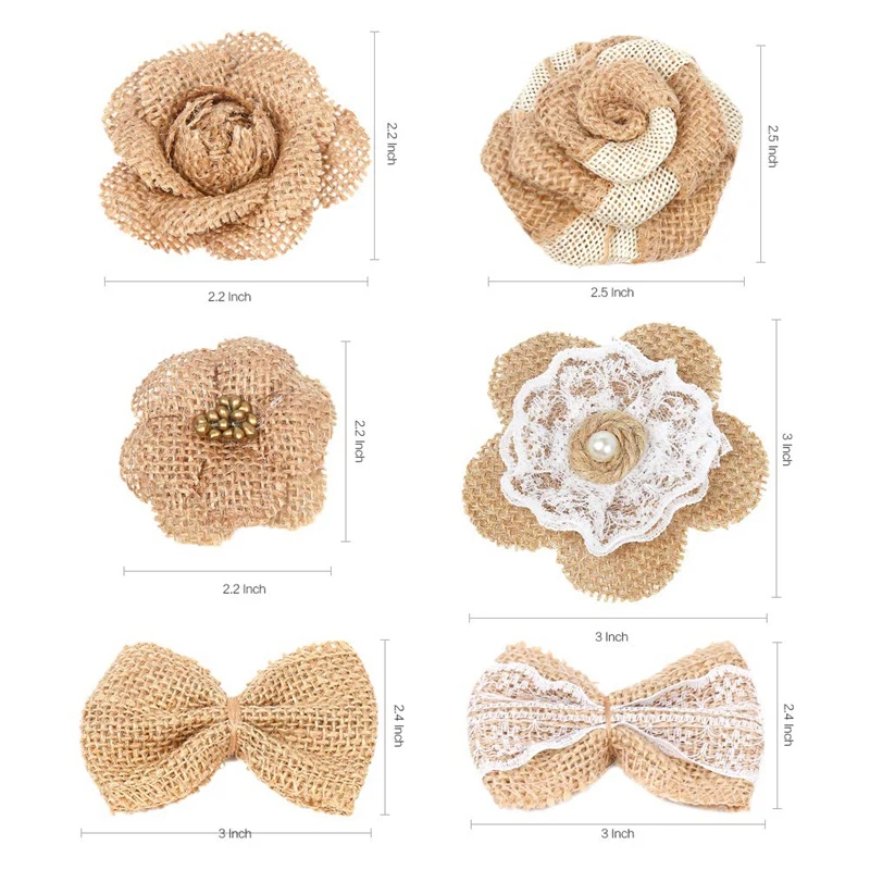 24Pcs Handmade Natural Burlap Flowers Include Rose Lace With Pearls Hibiscus | Дом и сад