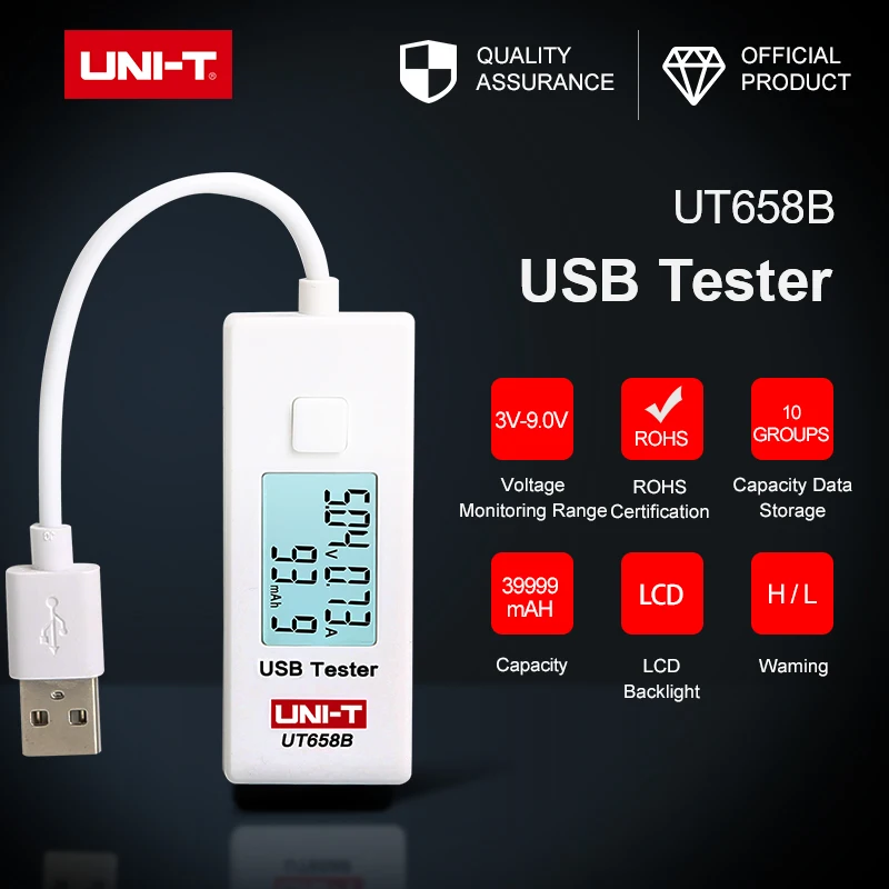 USB тестер UNI-T UT658 UT658B мобильный телефон ноутбук мобильный мощность безопасности монитор 3,0 V-9,0 V/0.0A-3.0A Предупреждение ЖК-дисплей