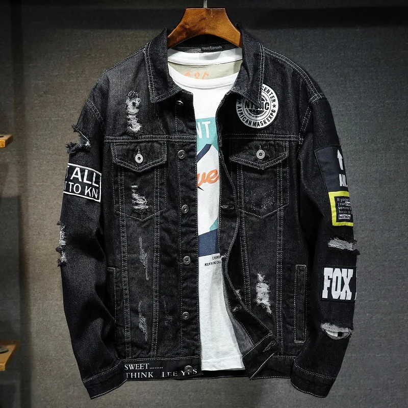 

Autumn Denim Jacketmen Hole Hip Hop Streetwear Punk Rave Steampunk Motorcycle Cowboy Graffiti Outwear Ripped Jacke Jaquetas