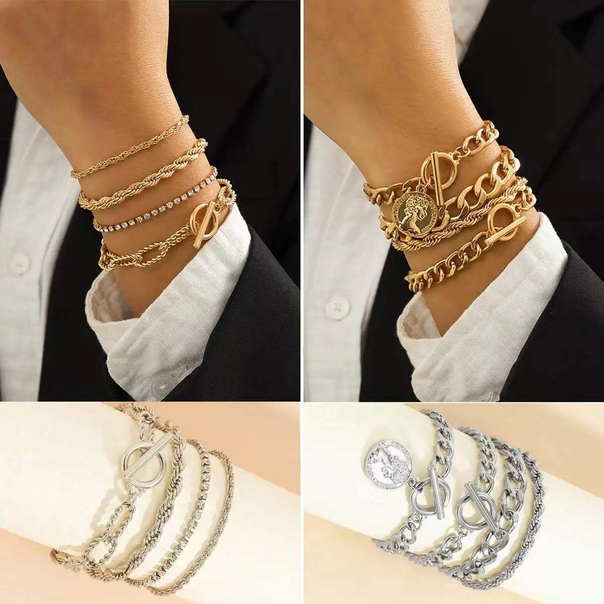 

2022 New Large Chain Bracelet Set Ladies Geometric Metal Chain Bracelet Bracelet Jewelry Punk