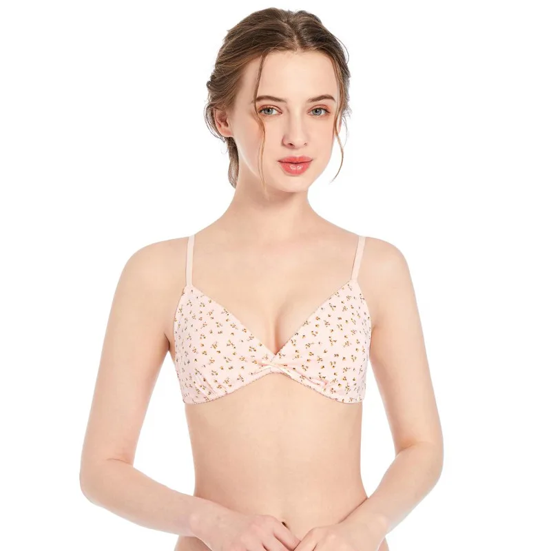 

HECTIC 2021 Thin Mold Cup Breathable Wire Free Bra Female Printing Small Fresh Floral Underwear Backless Sexy Lingerie